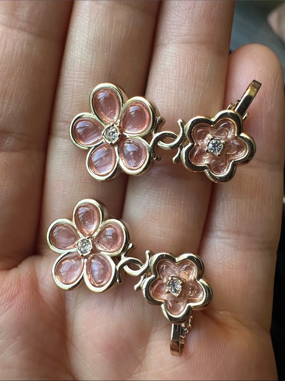 Like New- CHANEL Pink Floral Drop Earrings with Crystal Centers
